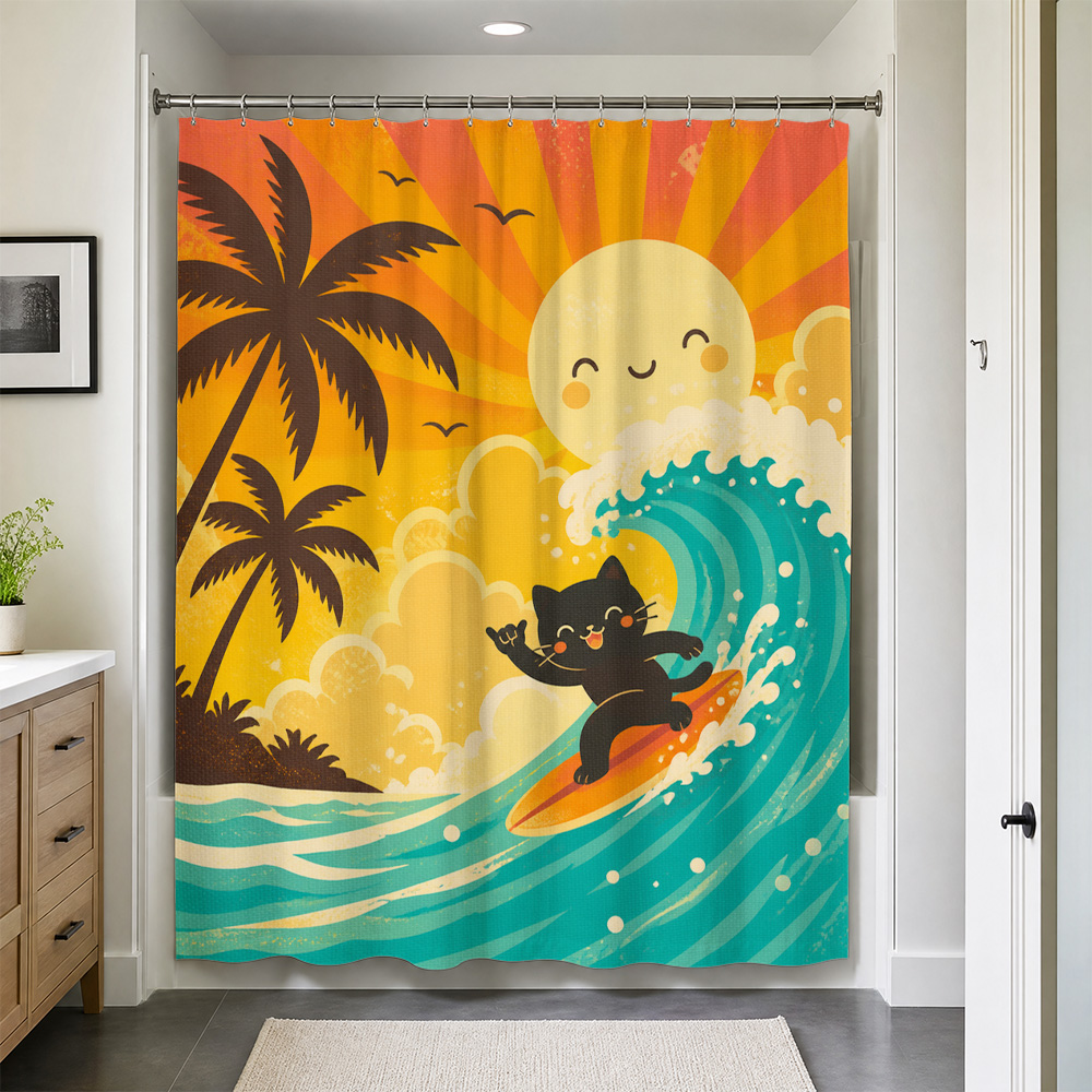 Home Decor Bathroom Ideas - Cute Cat Tropical Sunset Shower Curtain
