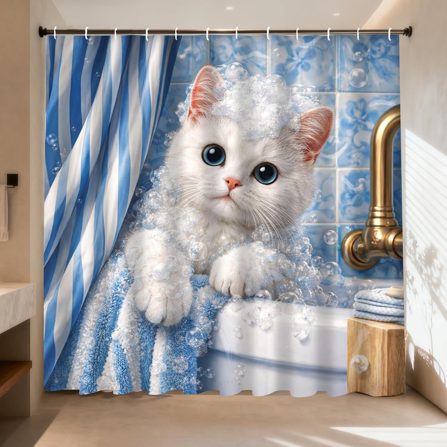 Adorable Home Bathroom Ideas - Adorable Kitten Bubble Shower Curtain Blue